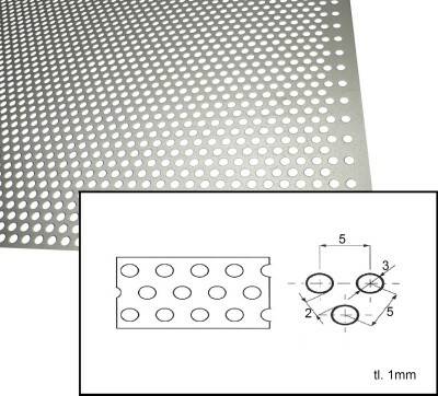 Plech děrovaný 1 mm kruhový otvor 3 mm předsazená rozteč 5 mm (1x2m)